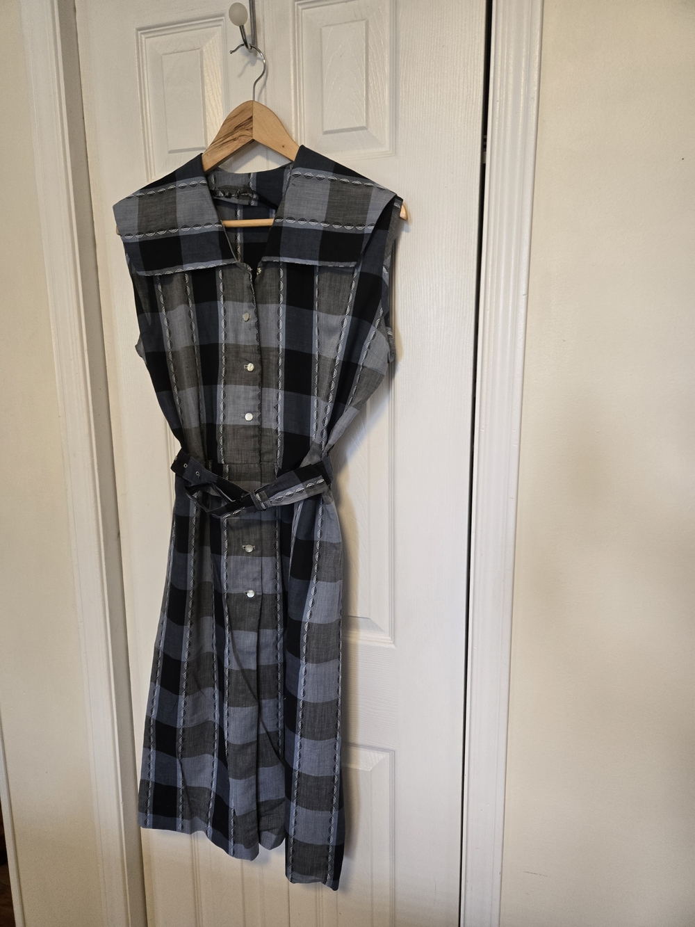 Sleeveless Navy and Blue Plaid Belted Shirt Dress 1960's